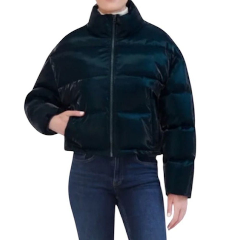 Hudson Women’s Puffer Coat Tall Collar Cropped Quilted Sapphire Size Large